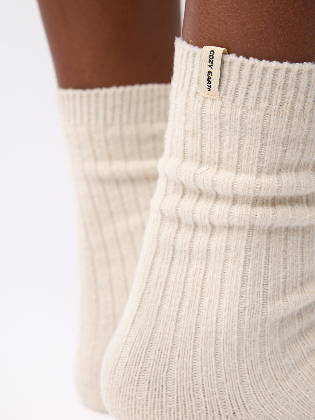 Close-up of tag on Cozy Earth Plush Lounge Calf Sock in Alabaster |Color:Cacao/Taupe/Alabaster