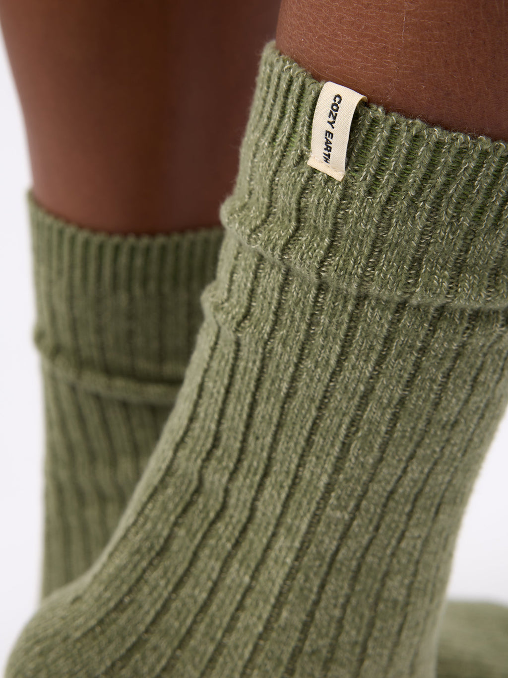 Close-up of tag on Cozy Earth Plush Lounge Calf Sock in Juniper |Color:Pine/Olive/Juniper