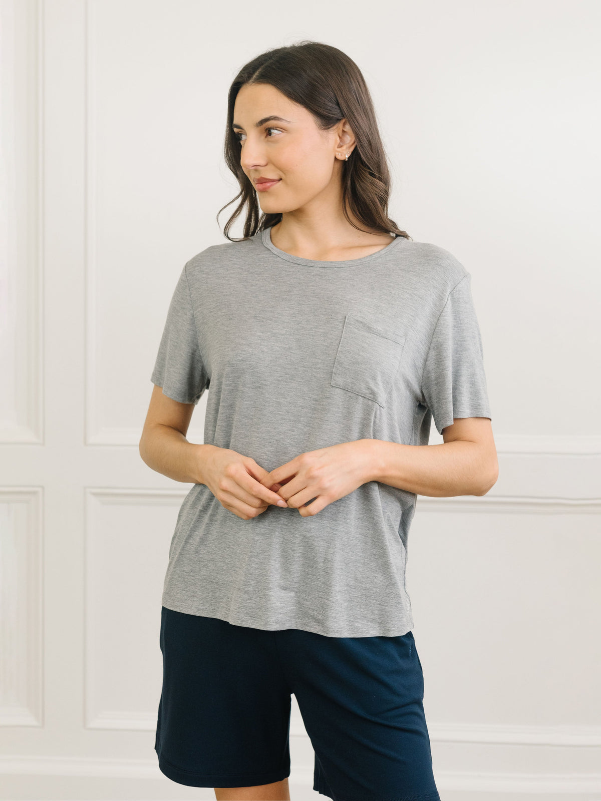 Woman wearing Cozy Earth Bamboo Lounge Tee in grey |Color:Grey