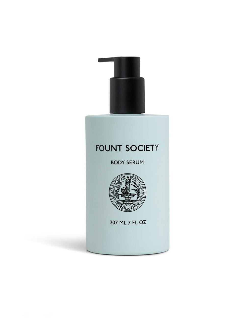 Light blue bottle of Fount Society body serum with black pump on a white background