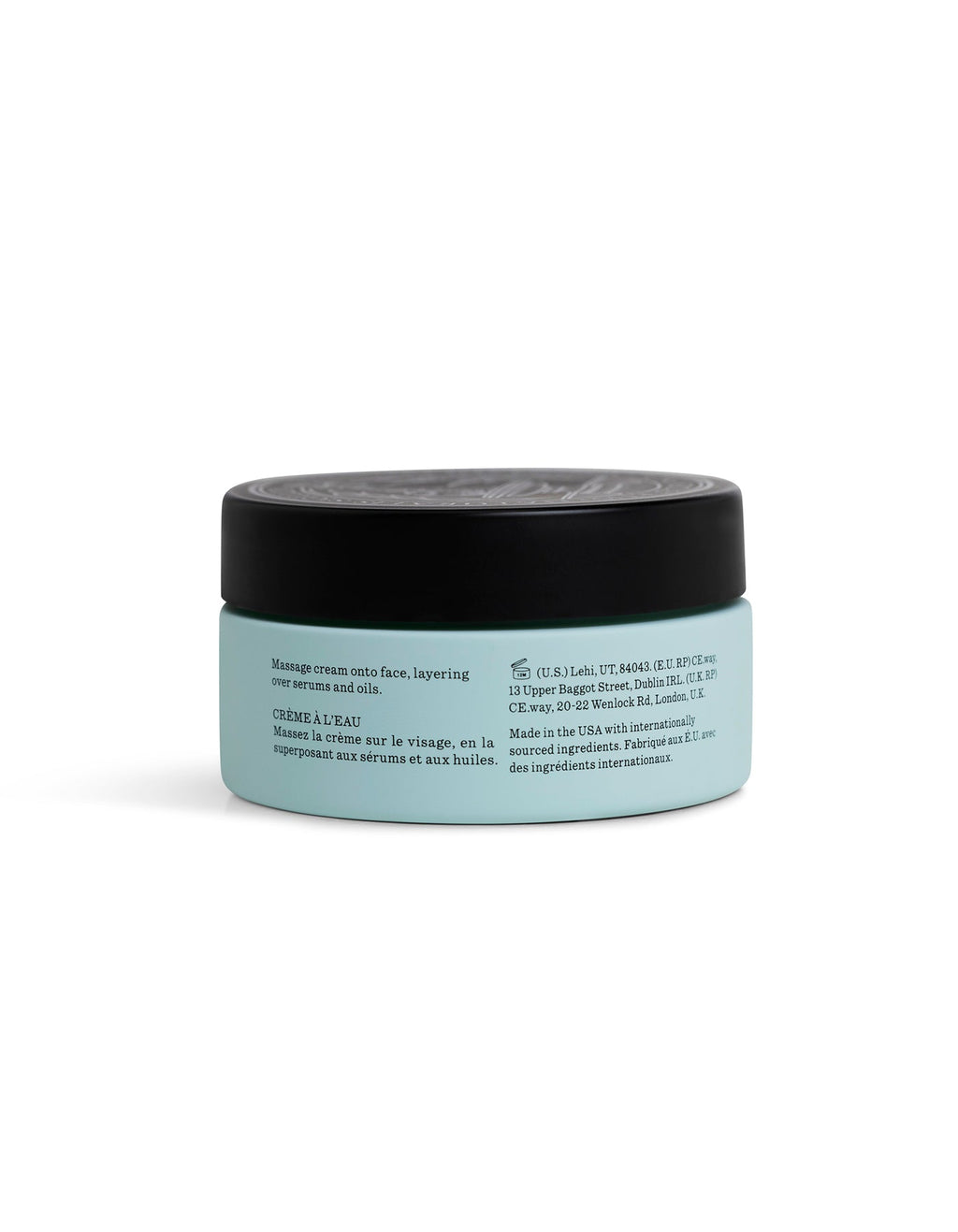 A light blue round jar labeled "The Hydration Duo" by Cozy Earth, with a black lid and side text in English and French detailing directions for use and manufacturing information.