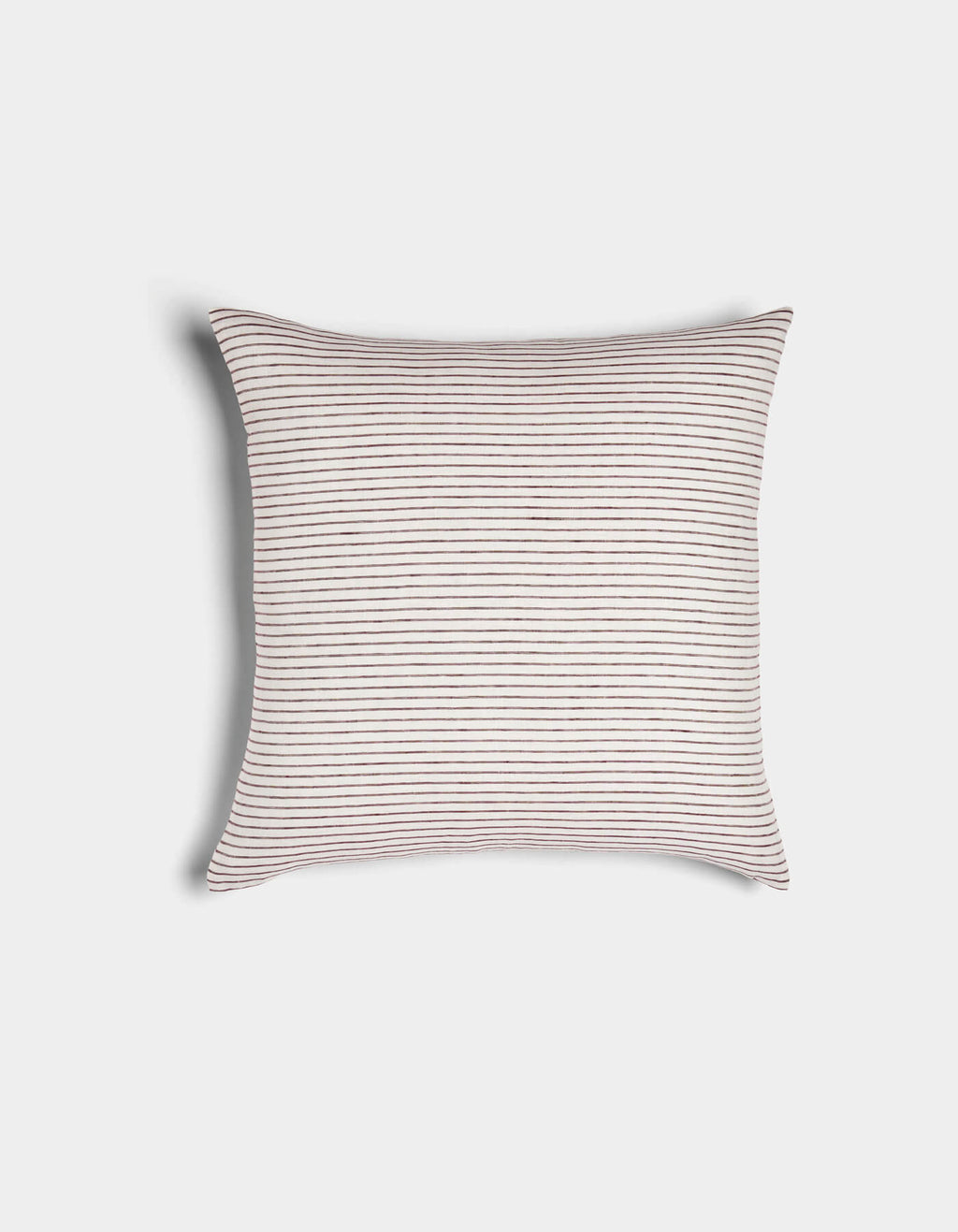 The Cozy Earth Striped Throw Pillow features thin, evenly spaced horizontal brown stripes on a white background. This soft, neatly plump accent piece is shown against a plain white backdrop.|Color:Narrow Stripe Currant and Sea Salt |Size:20" x 20"