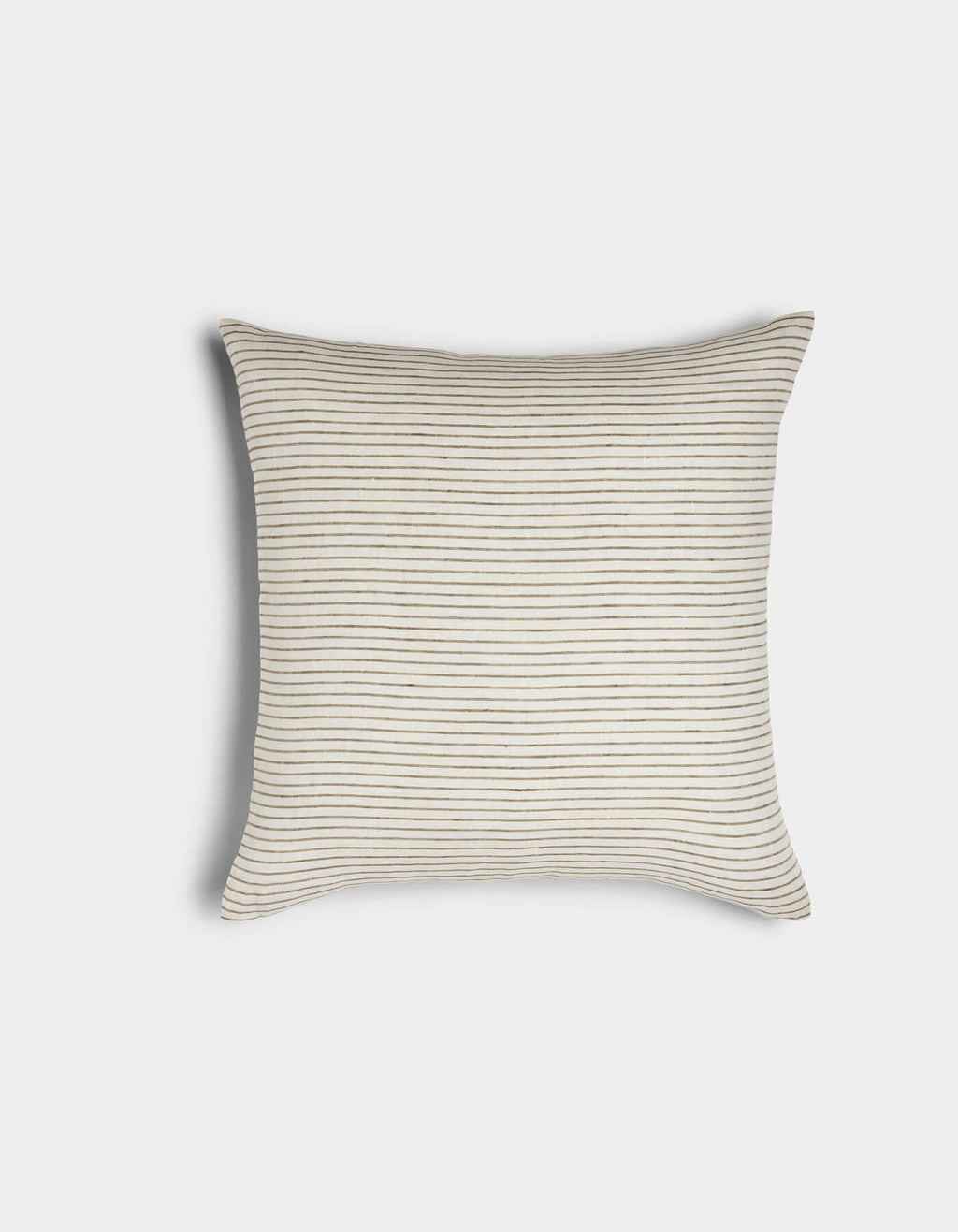 The Cozy Earth Striped Throw Pillow features a cream background with thin, evenly spaced horizontal black stripes, displayed against a plain white backdrop.|Color:Narrow Stripe Sable and Coconut |Size:20" x 20"