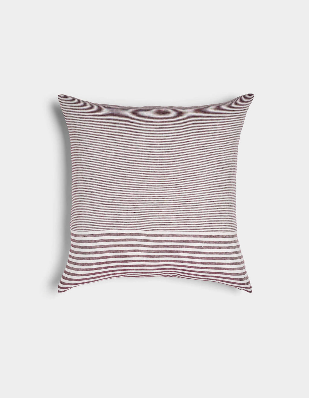 The Cozy Earth Striped Throw Pillow features thin maroon and white stripes on the top two-thirds and wide stripes on the bottom third, displayed against a plain white background.|Color:Mixed Stripe Currant and Sea Salt |Size:20" x 20"