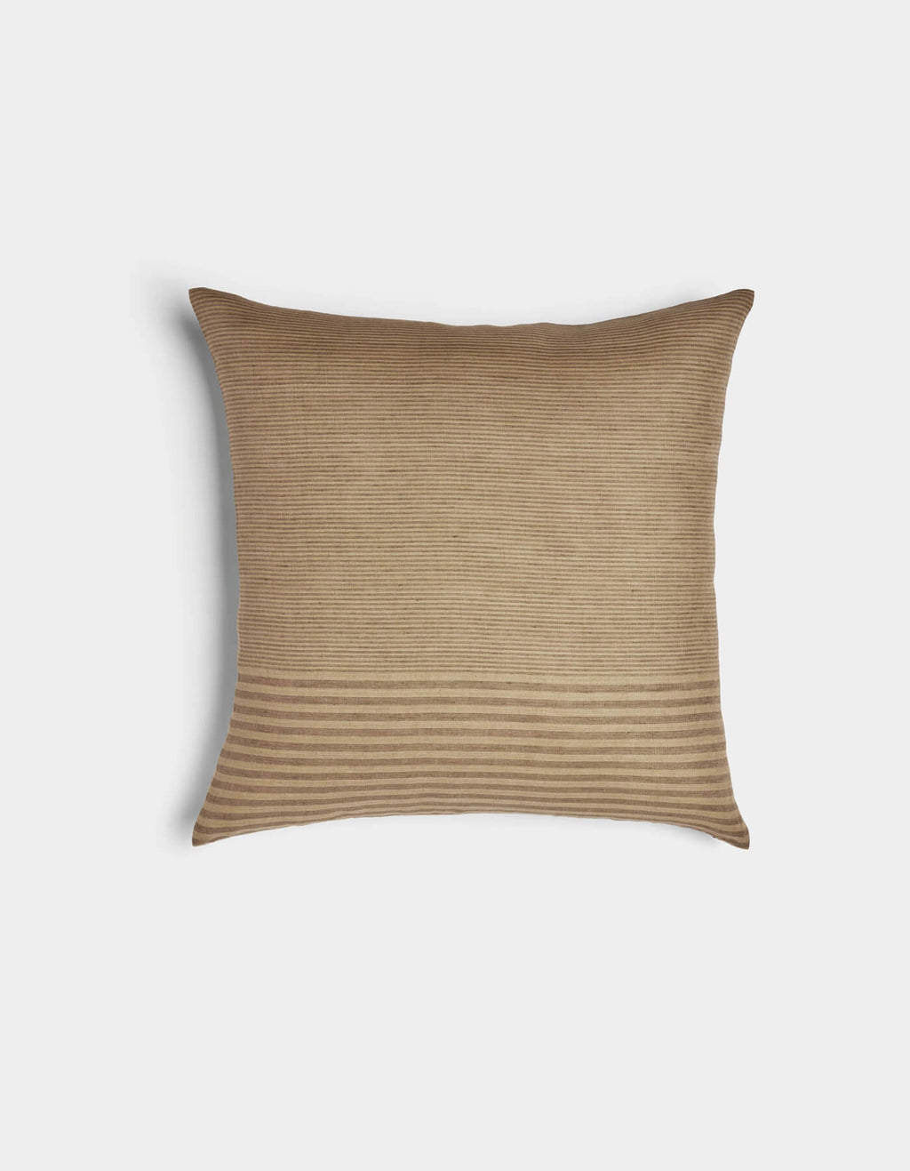 The Cozy Earth Striped Throw Pillow is a rectangular beige pillow with subtle horizontal stripes—finer at the top and thicker at the bottom—shown against a plain white background.|Color:Mixed Stripe Sable and Sandalwood |Size:20" x 20"