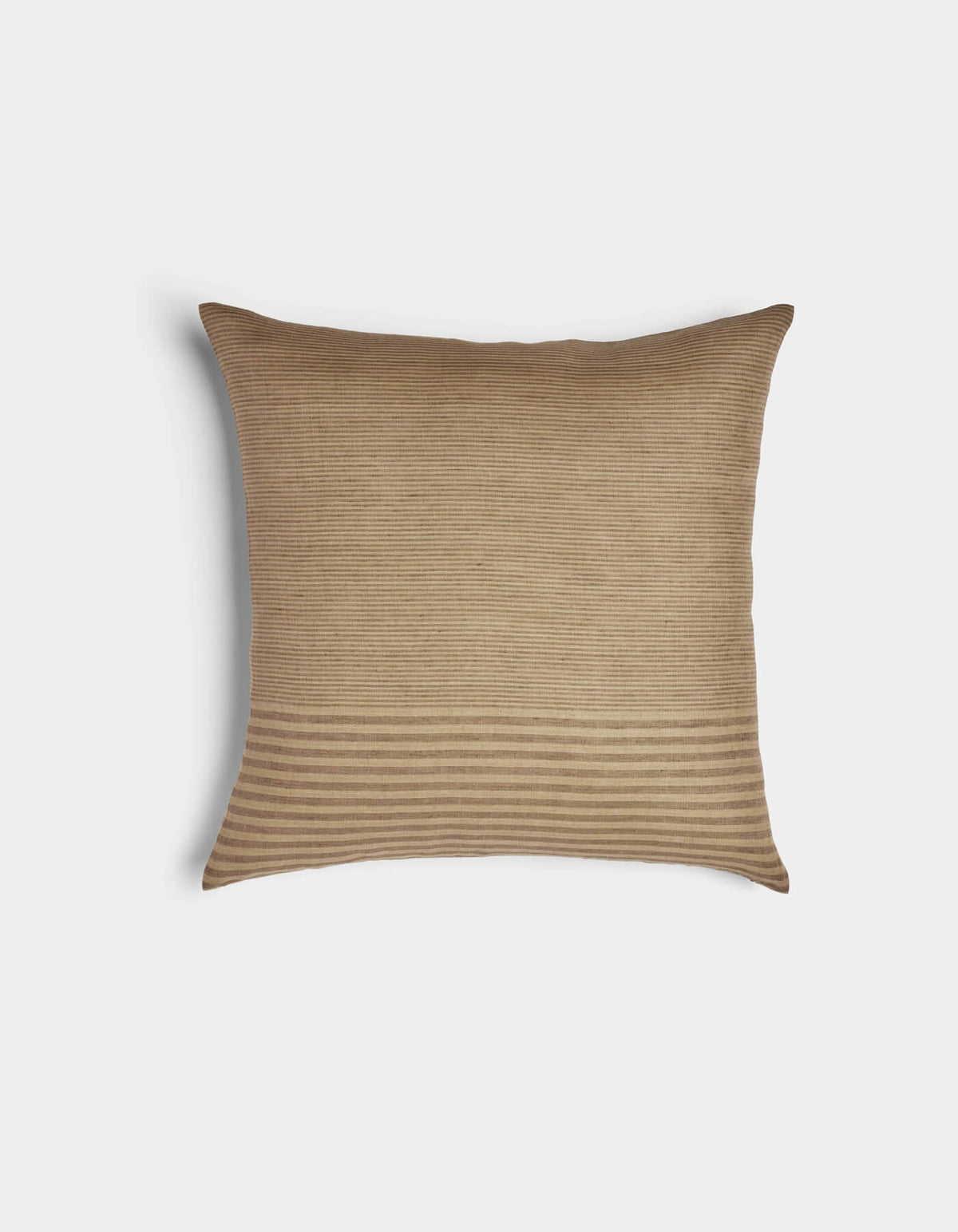 The Cozy Earth Striped Throw Pillow is a rectangular beige pillow with subtle horizontal stripes—finer at the top and thicker at the bottom—shown against a plain white background.|Color:Mixed Stripe Sable and Sandalwood |Size:20" x 20"