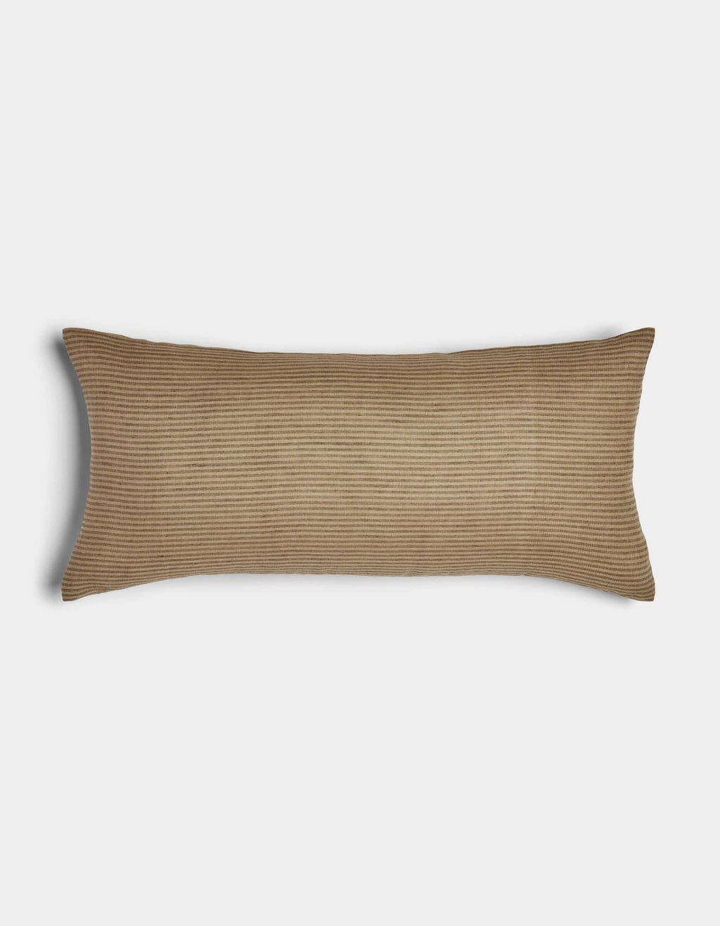 The Cozy Earth Striped Throw Pillow is a long, rectangular brown cushion with a subtle ribbed texture, shown on a plain white background.|Color:Medium Stripe Sable and Sandalwood |Size:14" x 30"