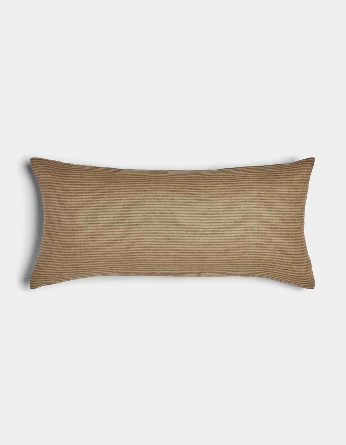The Cozy Earth Striped Throw Pillow is a long, rectangular brown cushion with a subtle ribbed texture, shown on a plain white background.|Color:Medium Stripe Sable and Sandalwood |Size:14" x 30"