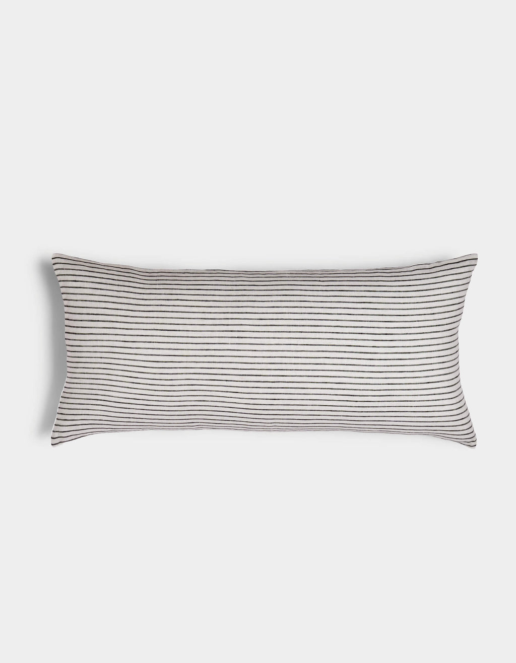 The Cozy Earth Striped Throw Pillow features thin, evenly spaced horizontal black stripes on a white background, displayed against a plain white surface.|Color:Narrow Stripe Eclipse and Sea Salt |Size:14" x 30"