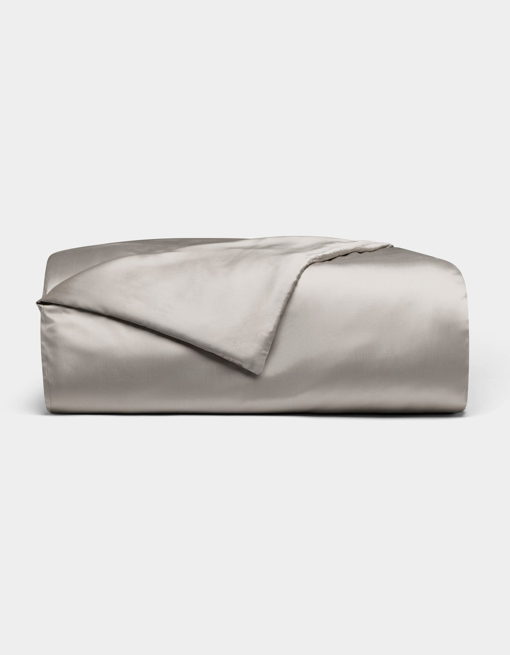 The Cozy Earth Bamboo Duvet Cover, shown neatly folded in light gray with a smooth, shiny satin finish, is displayed on a plain white background.|Color:Dove Grey