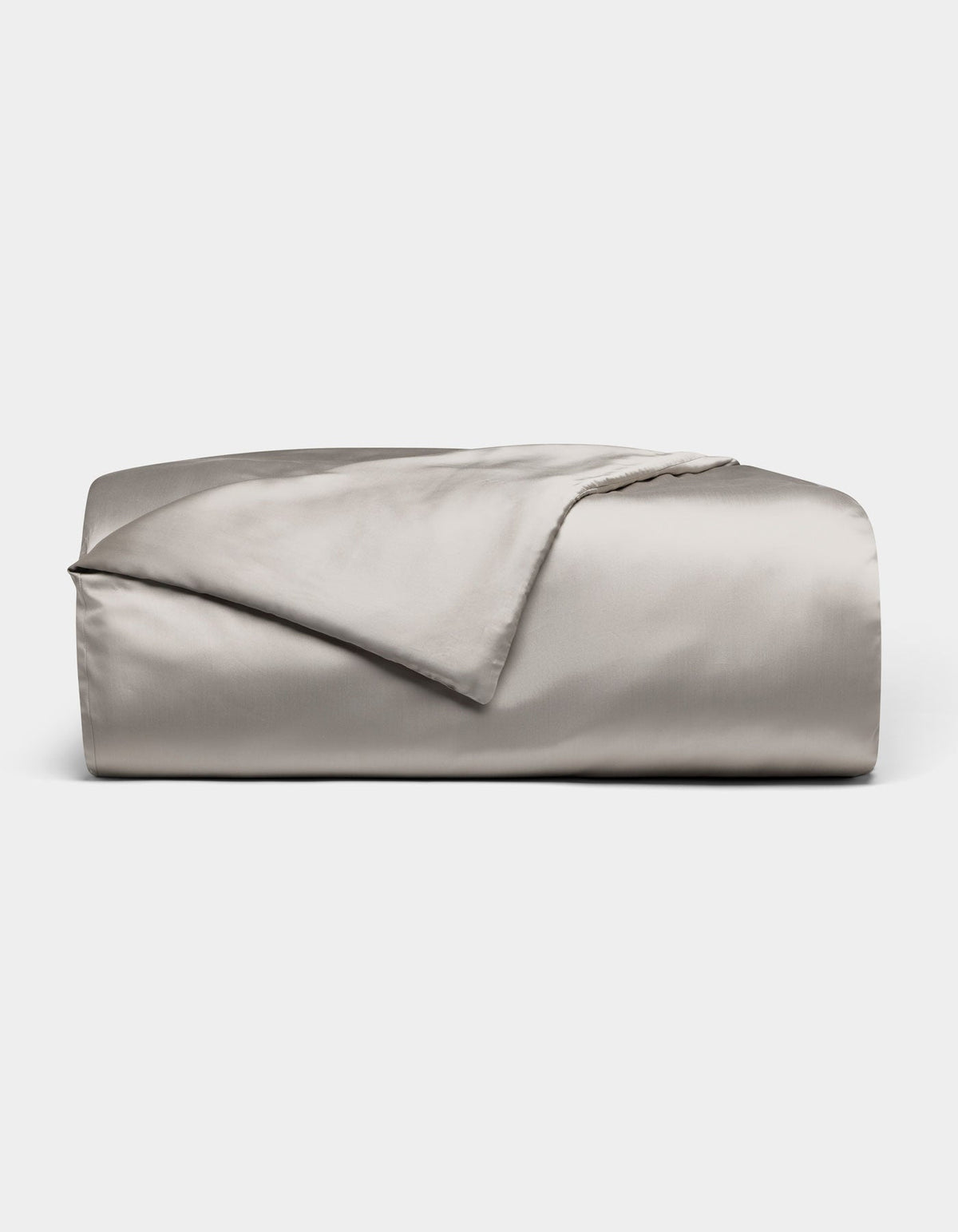 The Cozy Earth Bamboo Duvet Cover, shown neatly folded in light gray with a smooth, shiny satin finish, is displayed on a plain white background.|Color:Dove Grey