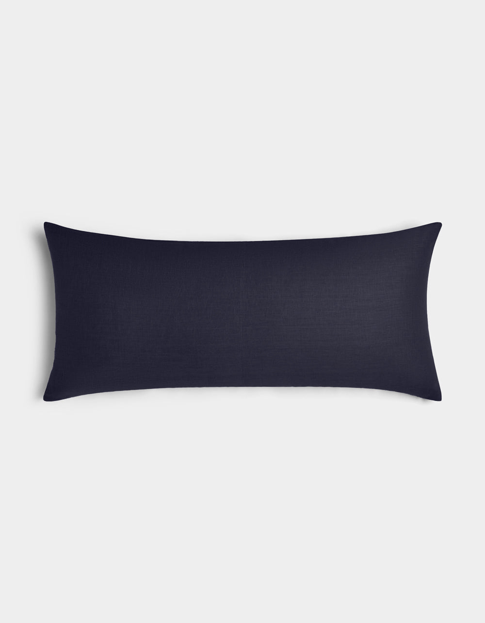The Cozy Earth Linen Throw Pillow, in rectangular navy blue with a smooth fabric surface, is displayed against a plain light gray background.|Color:Eclipse |Size:14" x 30"