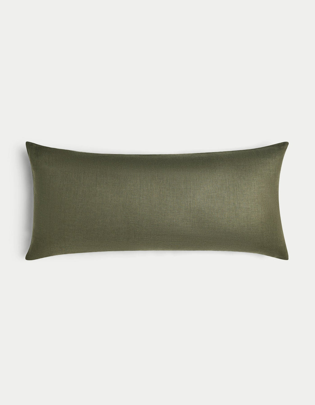 The Cozy Earth Linen Throw Pillow features a rectangular, olive green design with a smooth, solid-colored fabric cover, displayed on a plain white background.|Color:Olive |Size:14" x 30"