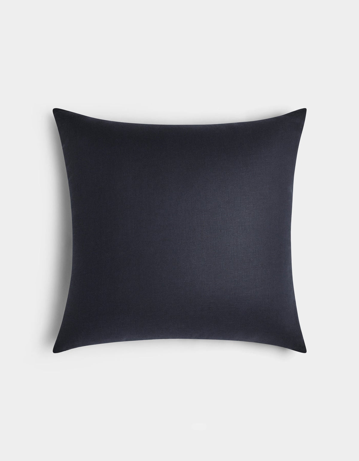 The Cozy Earth Linen Throw Pillow, square and dark navy blue with a smooth texture, is displayed on a plain white background from a top-down view.|Color:Eclipse|Size:24" x 24"