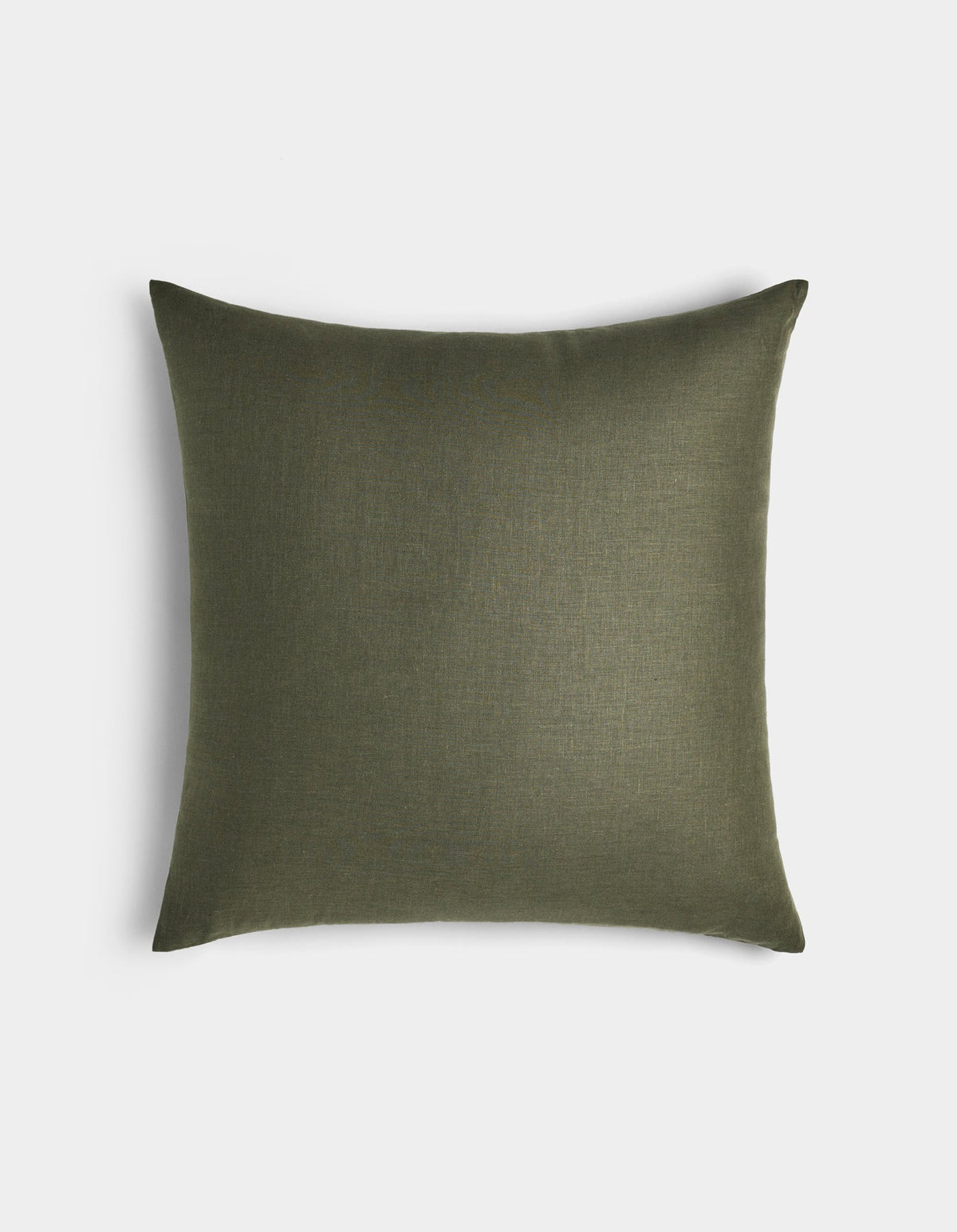 The Cozy Earth Linen Throw Pillow features a square shape in olive green with a plain, smooth fabric texture, displayed against a light gray background.|Color:Olive |Size:24" x 24"