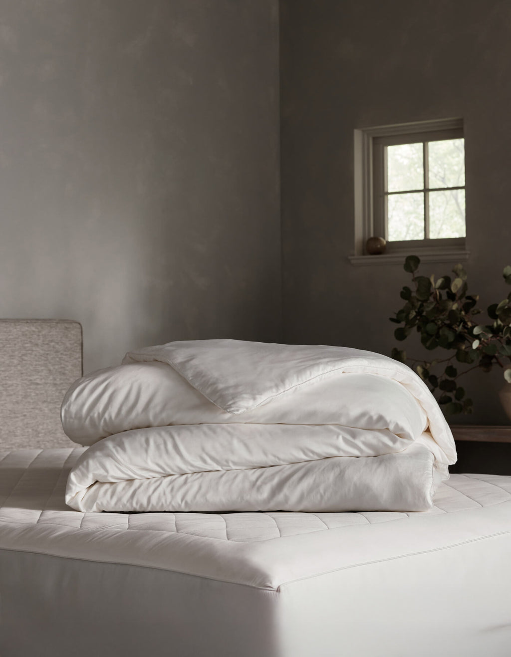 A neatly folded Silk Comforter by Cozy Earth rests on a mattress in a softly lit, minimalist bedroom with gray walls, a small window, and a vase of greenery on a wooden bench.|Filling:Standard