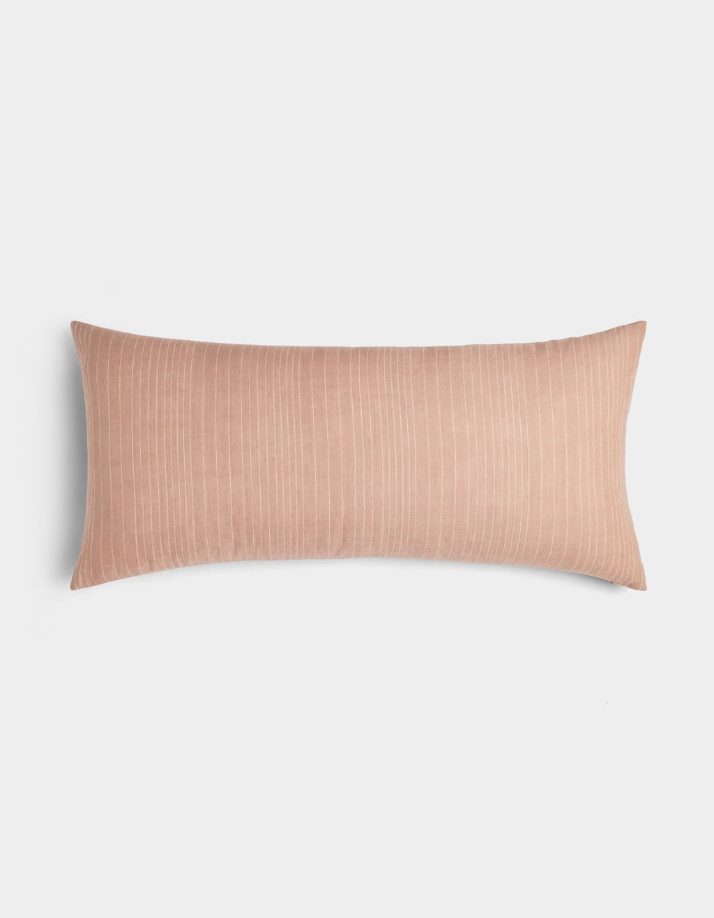 The Cozy Earth Striped Throw Pillow features a rectangular, blush pink design with subtle vertical white pinstripes, shown on a plain white background.|Color:Clay|Size:14" x 30"
