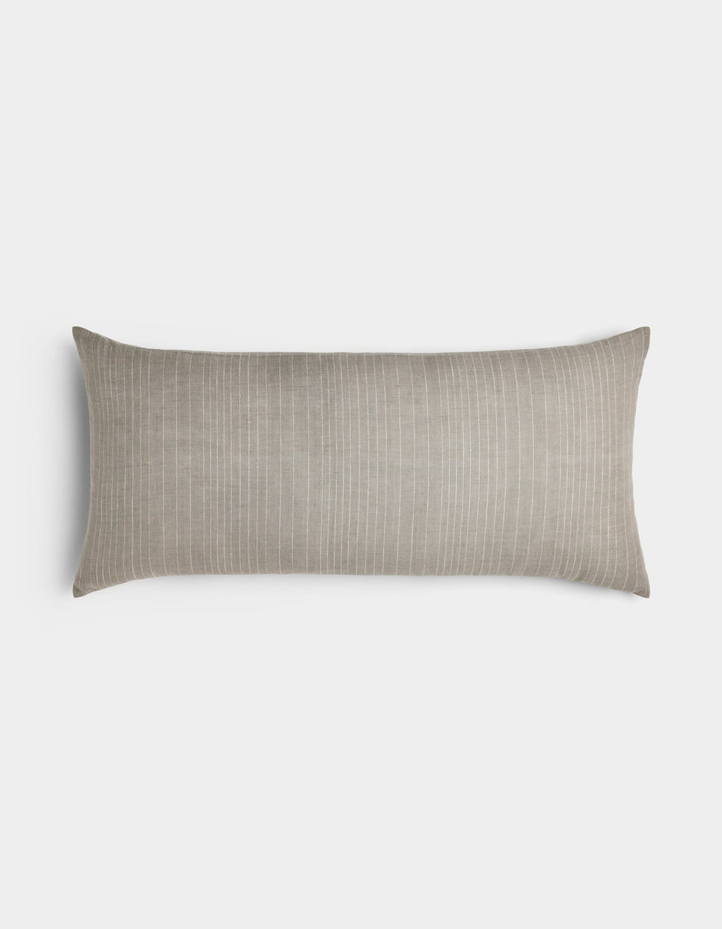 The Cozy Earth Striped Throw Pillow is a long rectangular beige accent with subtle white vertical pinstripes, shown on a plain light gray background.|Color:Grey|Size:14" x 30"