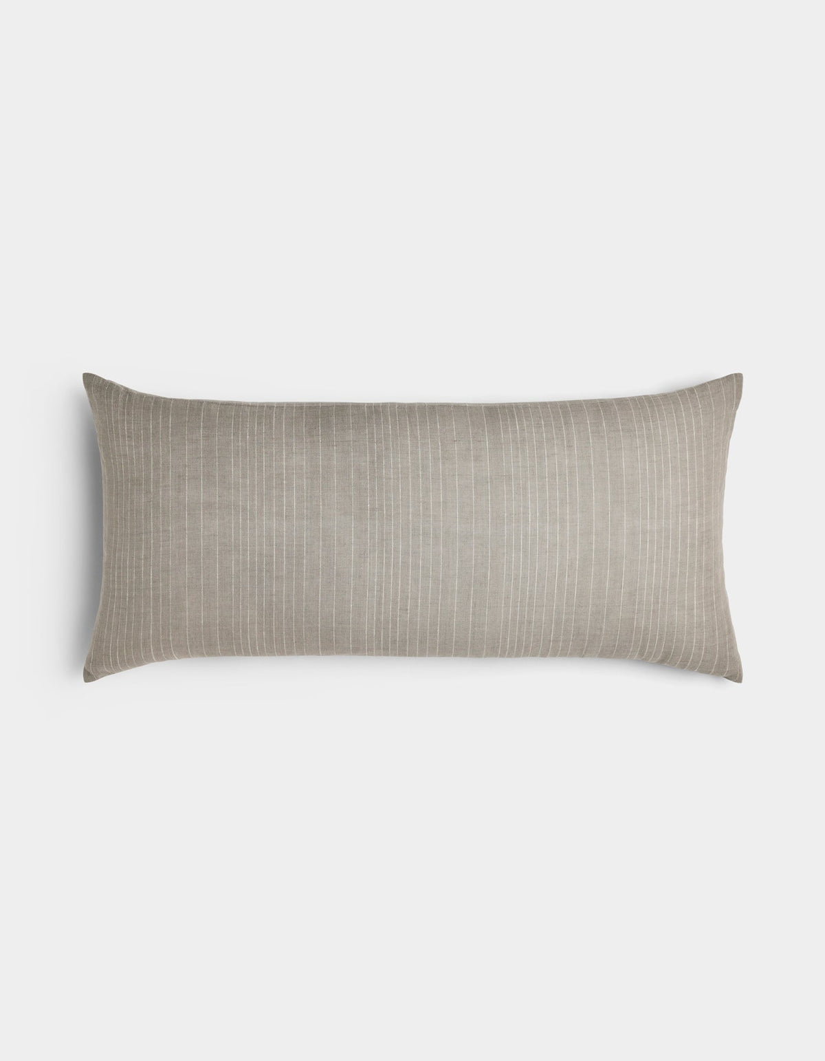 The Cozy Earth Striped Throw Pillow is a long rectangular beige accent with subtle white vertical pinstripes, shown on a plain light gray background.|Color:Grey|Size:14" x 30"