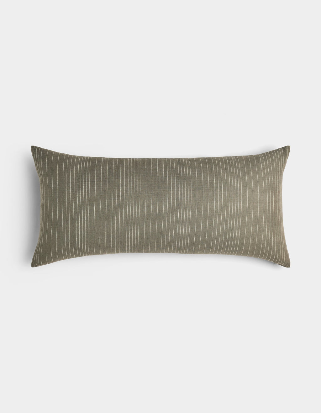 The Cozy Earth Striped Throw Pillow features an olive green cover with thin white vertical stripes, displayed against a plain white background.|Color:Smoke|Size:14" x 30"