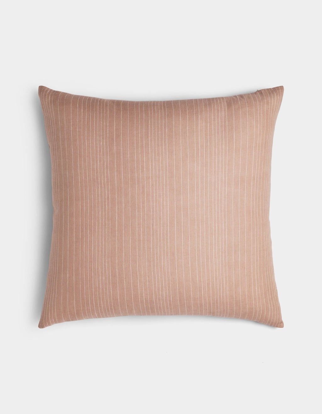 The Cozy Earth Striped Throw Pillow features a square shape in light brown with thin vertical white pinstripes, shown on a plain white background.|Color:Clay|Size:24" x 24"