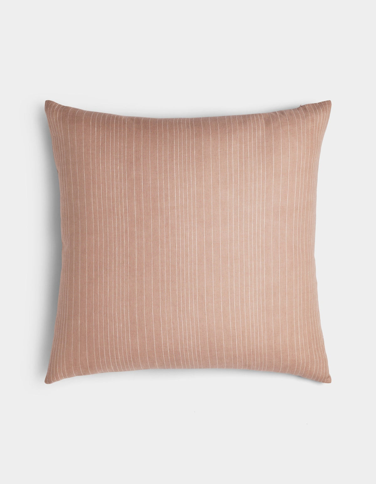 The Cozy Earth Striped Throw Pillow features a square shape in light brown with thin vertical white pinstripes, shown on a plain white background.|Color:Clay|Size:24" x 24"
