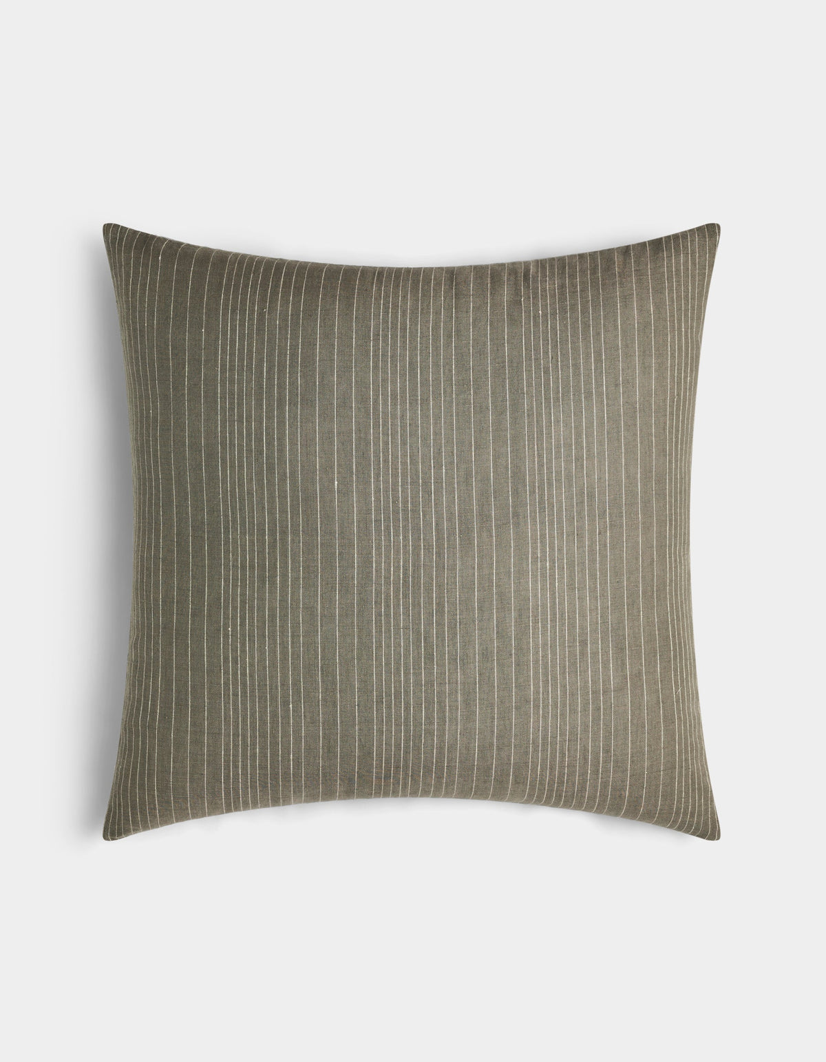 The Cozy Earth Striped Throw Pillow features thin white vertical pinstripes on a muted olive green rectangular cover, shown against a plain white background.|Color:Smoke|Size:24" x 24"