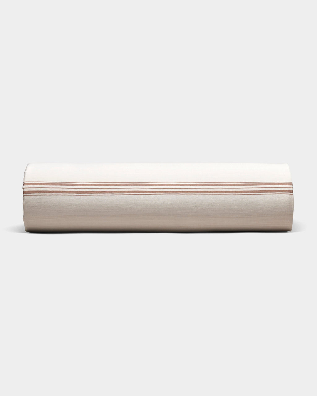 The Cozy Earth Bamboo Sheet Set is shown neatly rolled in beige fabric with thin, evenly spaced brown stripes, on a plain light gray background.|Color:Baja Stripe in Maple