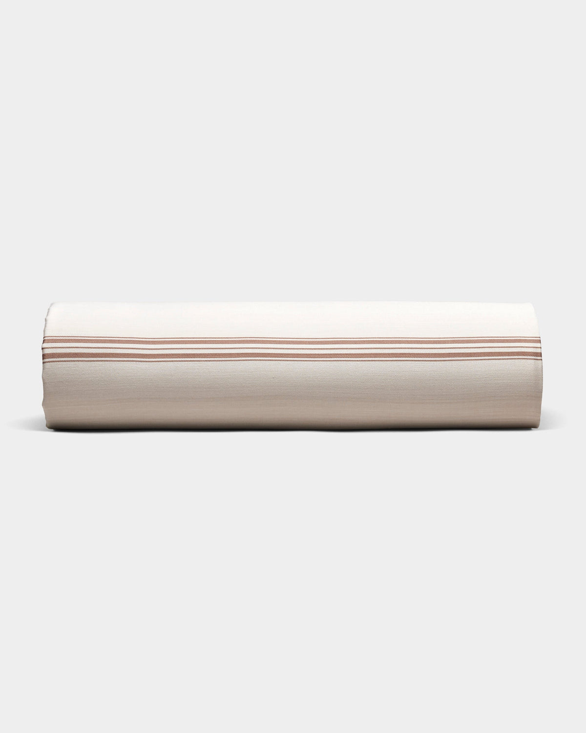 The Cozy Earth Bamboo Sheet Set is shown neatly rolled in beige fabric with thin, evenly spaced brown stripes, on a plain light gray background.|Color:Baja Stripe in Maple