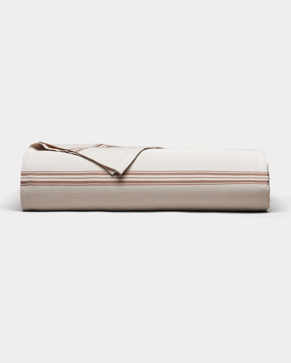 The Cozy Earth Bamboo Sheet Set is neatly folded, featuring a beige color with thin horizontal brown stripes, and displayed against a plain light background.|Color:Baja Stripe in Maple