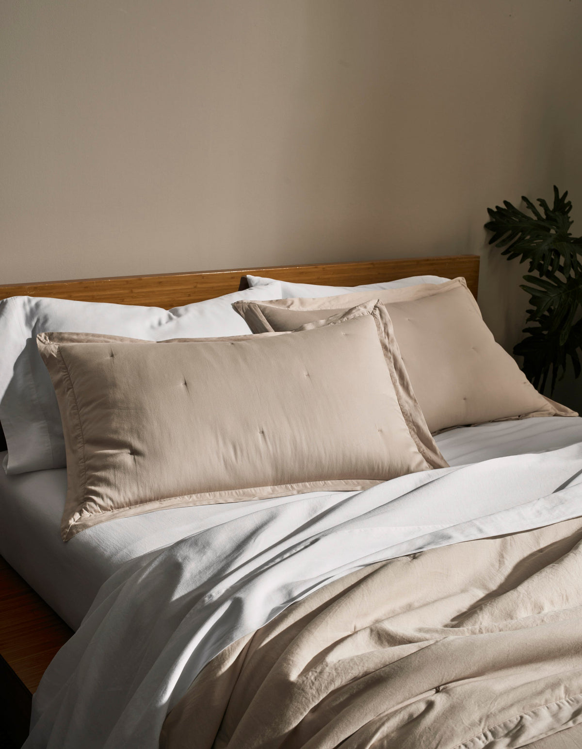 A neatly made bed features Cozy Earth Soft-Wash Cotton Quilted Shams in light beige, a matching duvet, crisp white sheets, and a wooden headboard. A leafy green plant sits in the background against a neutral wall.|Color:Driftwood