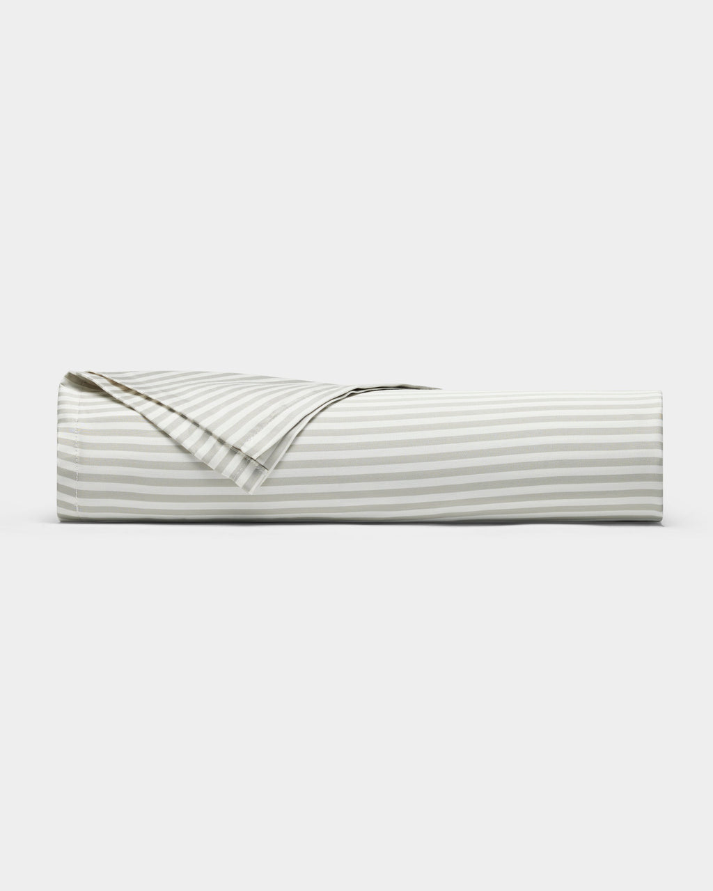 The Cozy Earth Bamboo Sheet Set, featuring light gray and white stripes, is neatly folded and displayed on a plain white background.|Color:Classic Stripe in Laurel