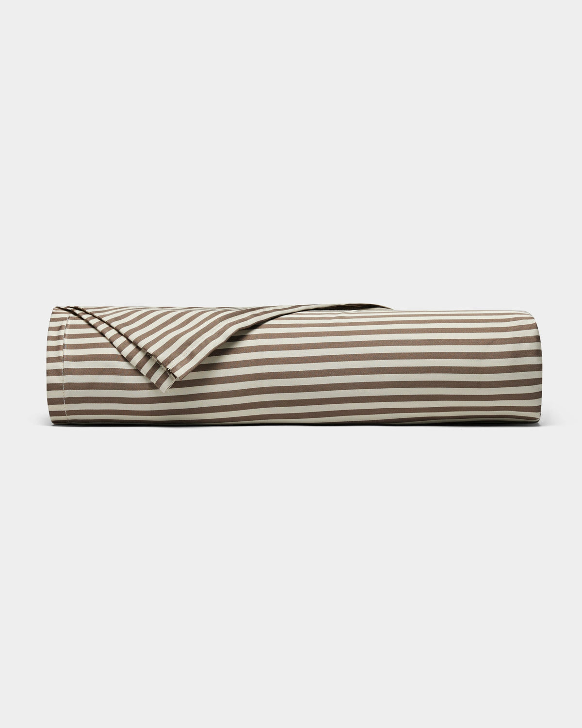 The Cozy Earth Bamboo Sheet Set is shown partially unrolled to reveal its brown and white horizontal stripes, displayed on a plain white background.|Color:Classic Stripe in Ebony