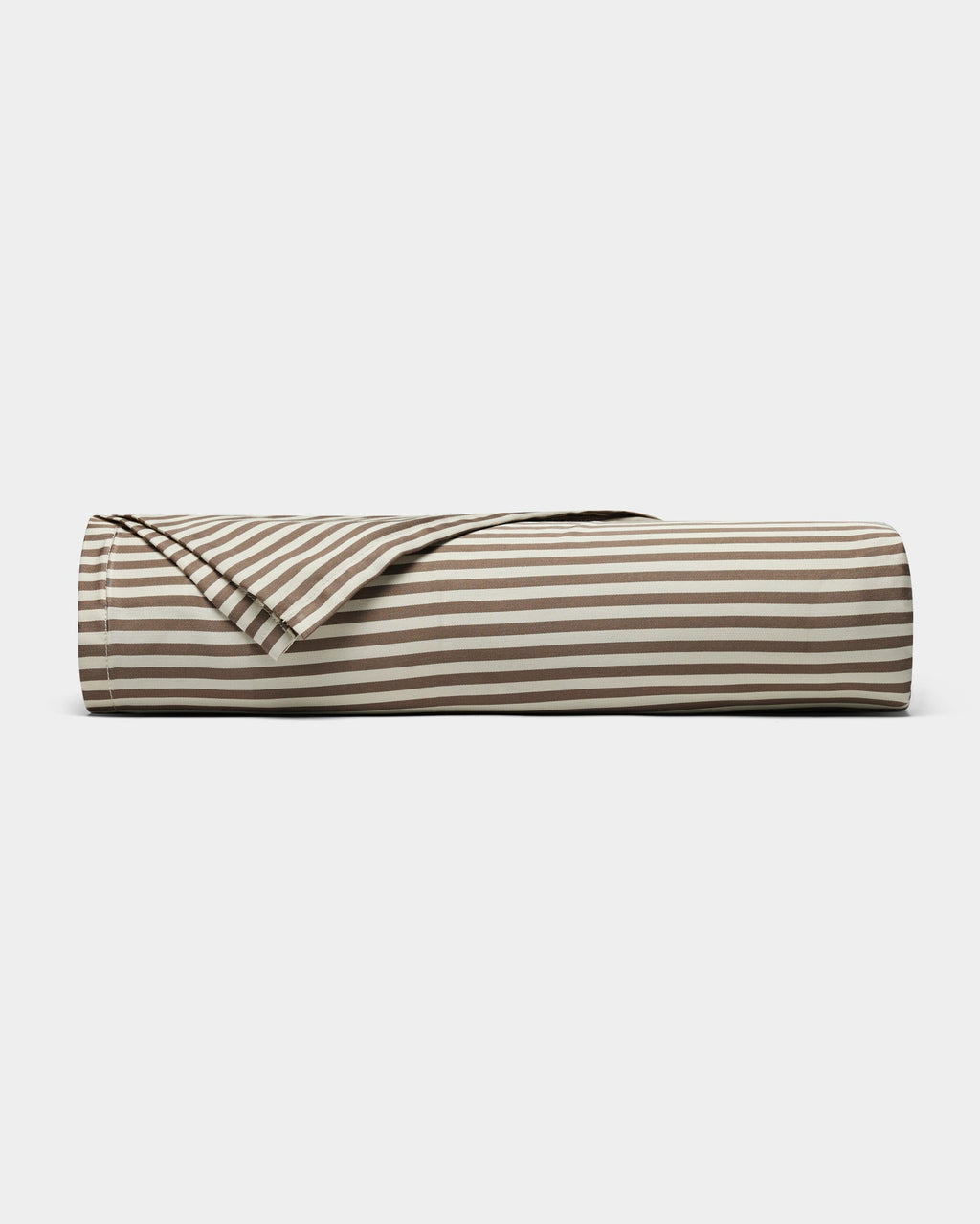 The Cozy Earth Bamboo Sheet Set is shown partially unrolled to reveal its brown and white horizontal stripes, displayed on a plain white background.|Color:Classic Stripe in Ebony