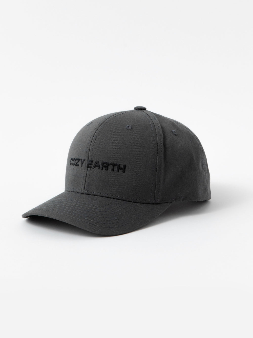 Grey cap with 'COZY EARTH' text on a white background |Color:Charcoal/Black