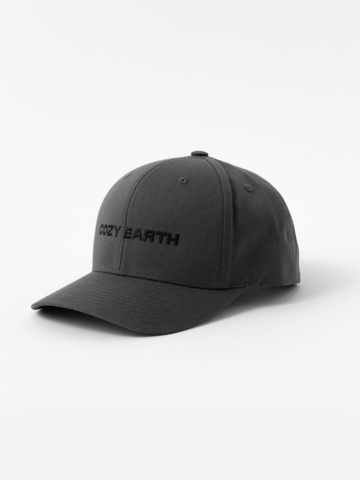 Grey cap with 'COZY EARTH' text on a white background |Color:Charcoal/Black