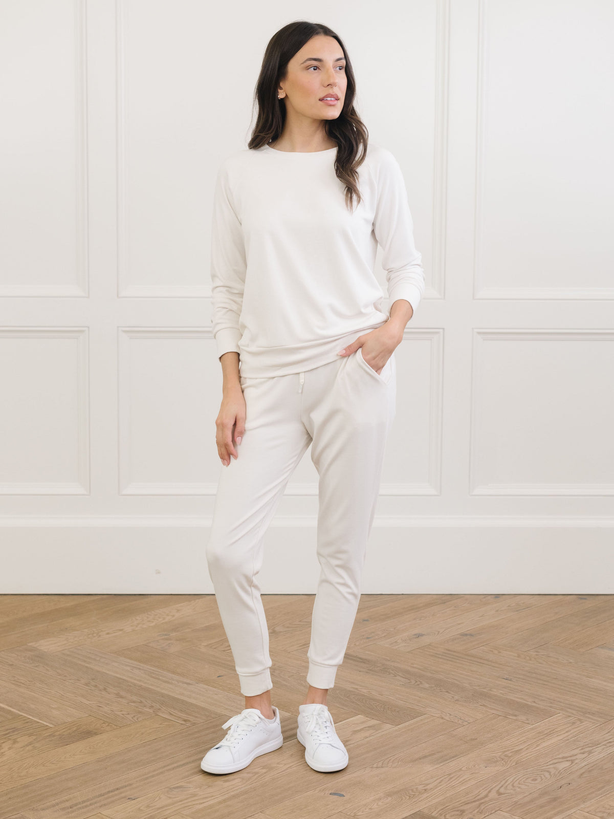 Ivory Bamboo Jogger Set. The photo was taken close up, showing off the print of the joggers. |Color: Ivory