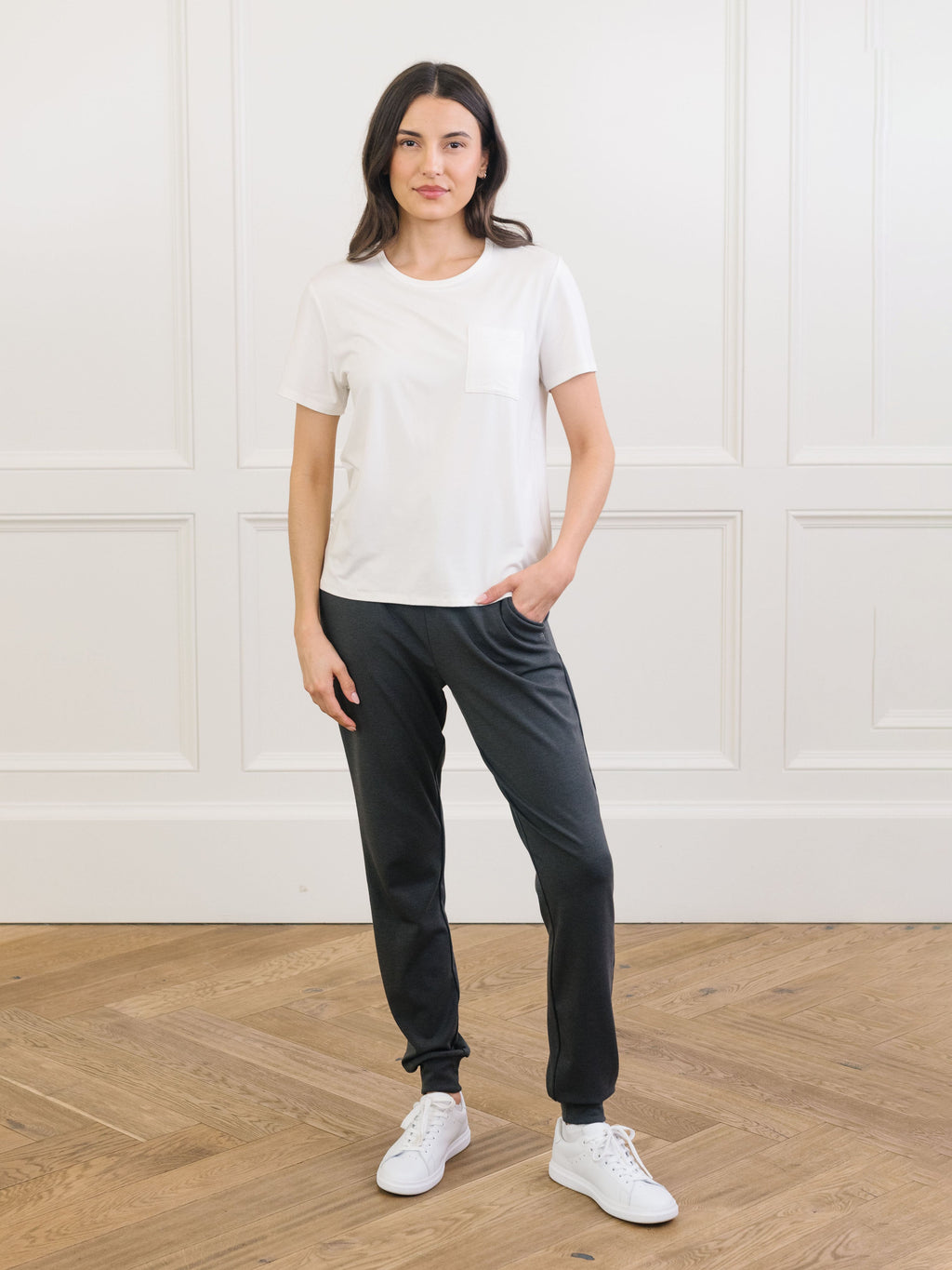 Woman wearing Cozy Earth Bamboo Lounge Tee in ivory |Color:Ivory