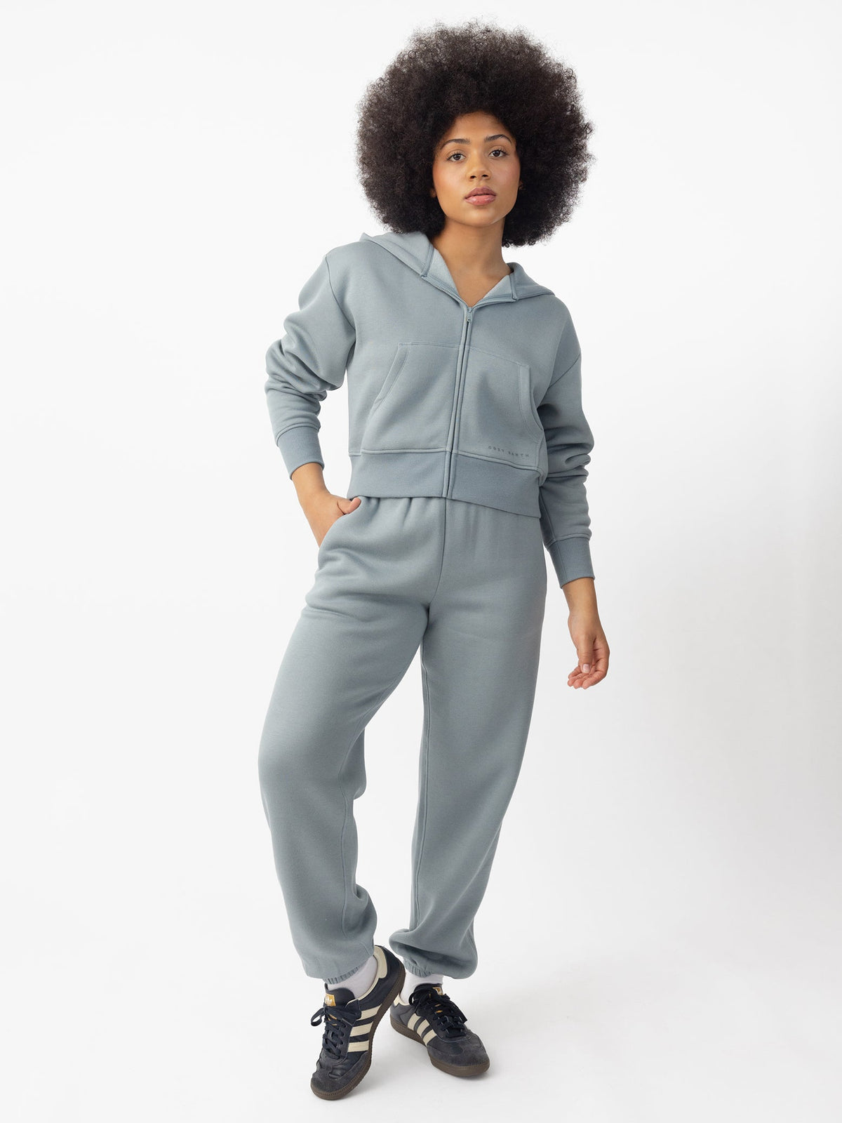  Woman wearing Smokey Blue  CityScape Cropped Full Zip with white background |Color: Smokey Blue
