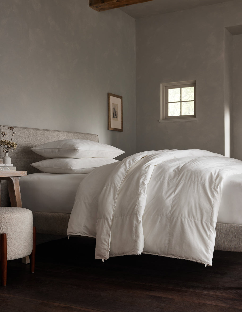 Down alternative comforter to be paired with Dove Grey, Charcoal, Creme, Driftwood, Light Grey, Oat, Pacific Blue, Shore, Peony, Walnut, Laurel, Classic Stripe in Pacific, Classic Stripe in Ebony, Classic Stripe in Laurel, White duvet cover.|Filling:Standard