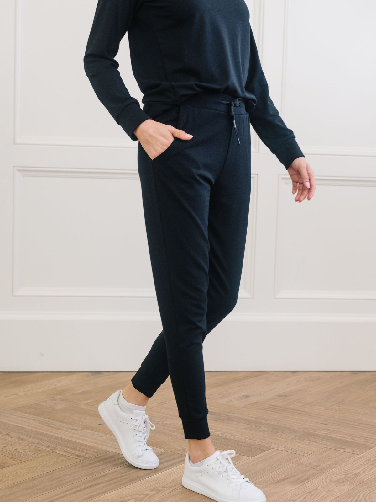 Black Bamboo Jogger Set. The photo was taken close up, showing off the print of the joggers. |Color: Black