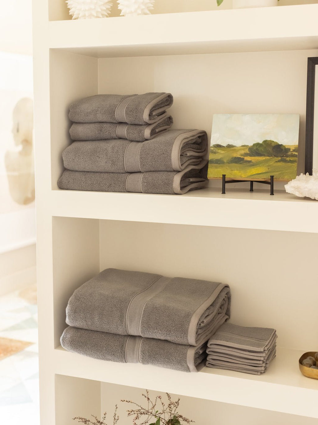 Complete luxe bath bundle folded on shelves |Color:Charcoal