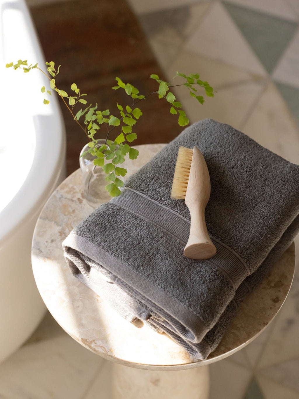 Charcoal hand towels on small table with brush |Color:Charcoal