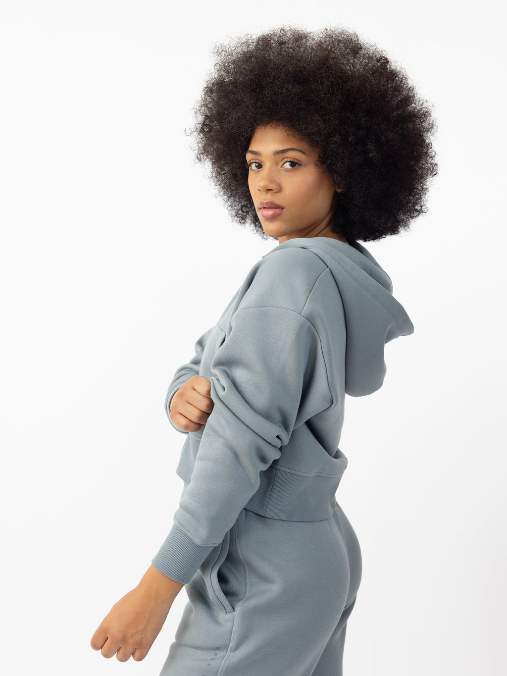  Woman wearing Smokey Blue  CityScape Cropped Full Zip with white background |Color: Smokey Blue
