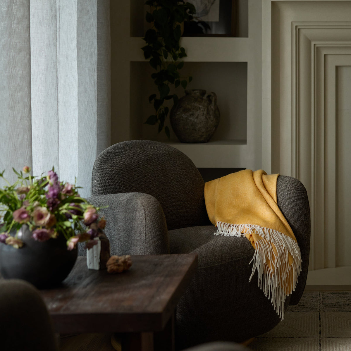 Living room featuring recliner with sunflower herringbone tassel throw |Color:Sunflower