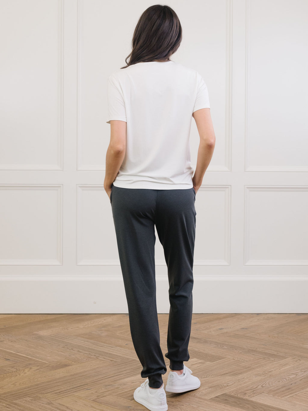 Woman wearing Cozy Earth Bamboo Lounge Tee in ivory faces backward |Color:Ivory
