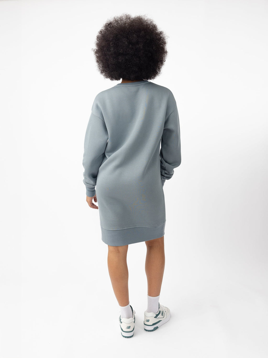 Woman wearing Smokey Blue CityScape Crewneck Dress with white background |Color:Smokey Blue