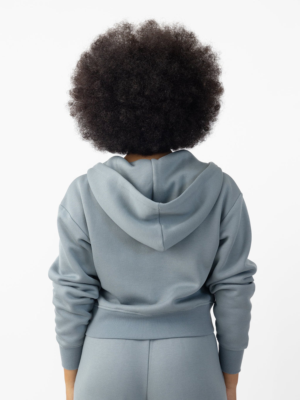  Woman wearing Smokey Blue  CityScape Cropped Full Zip with white background |Color: Smokey Blue