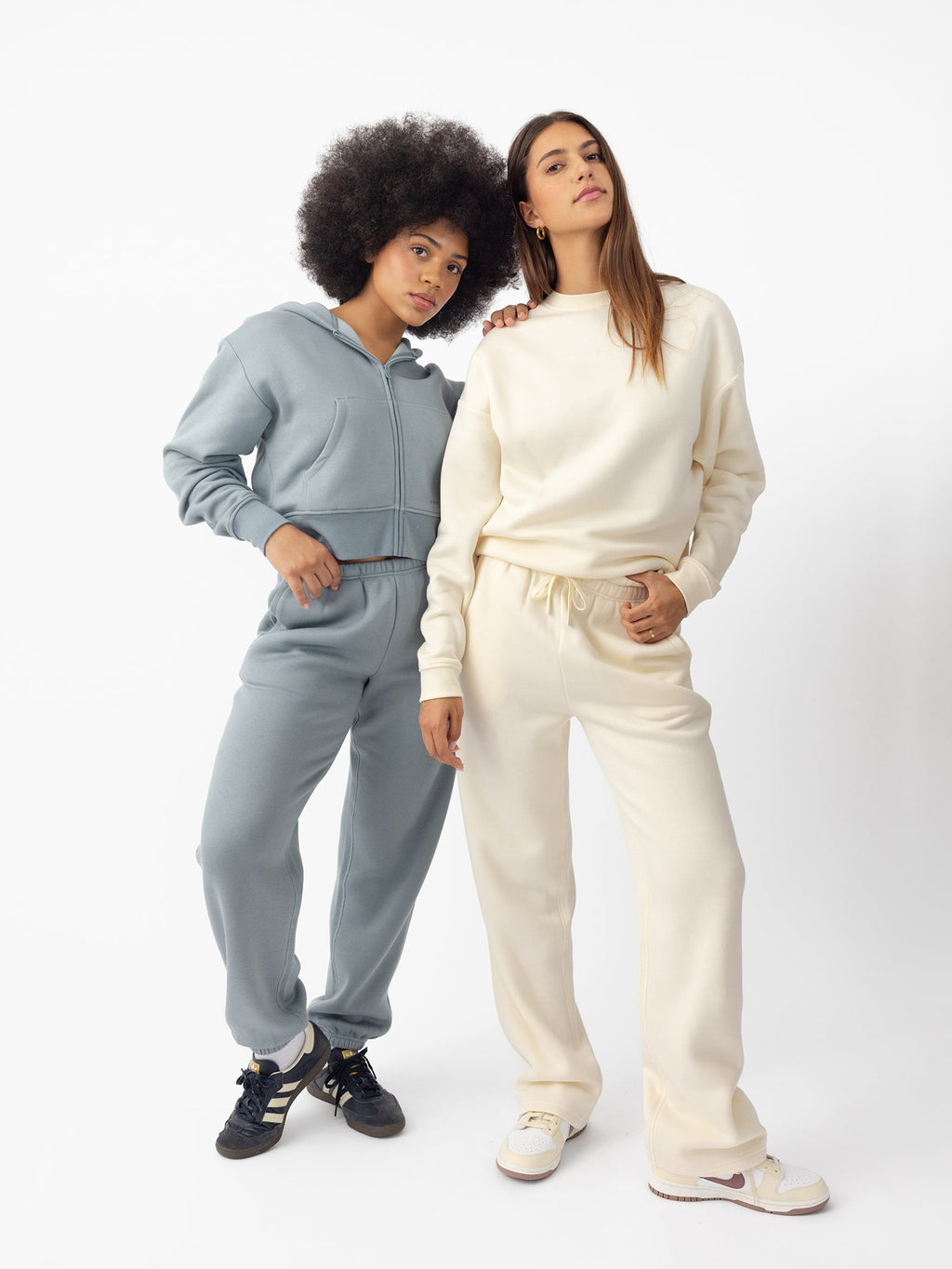  Women wearing Smokey Blue and Alabaster CityScape Cropped Full Zip with white background |Color: Smokey Blue
