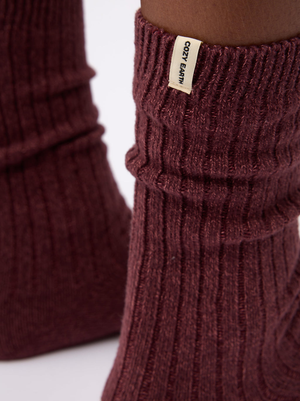 Close-up of tag on Cozy Earth Plush Lounge Calf Sock in Burgundy |Color:Burgundy/Rouge/Dusty Rose